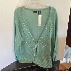 Mixit Sage Green Embellished V-Neck Tie-Front Sweater